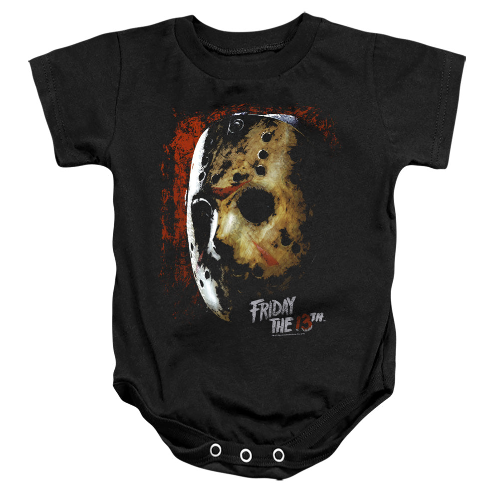 AN OFFCIALLY LICENSED FRIDAY THE 13TH MASK OF DEATH BABY BODYSUIT BLACK