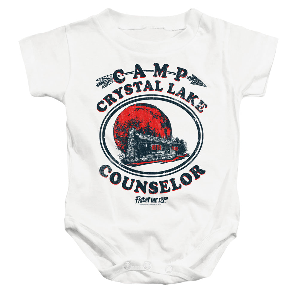 AN OFFCIALLY LICENSED FRIDAY THE 13TH CAMP COUNSELOR BABY BODYSUIT WHITE