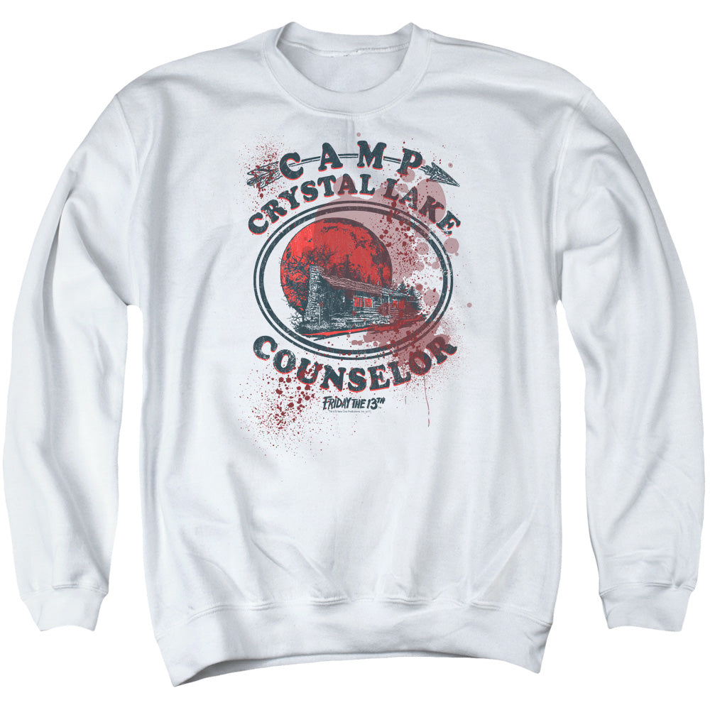 AN OFFCIALLY LICENSED FRIDAY THE 13TH CAMP COUNSELOR VICTIM ADULT UNISEX CREWNECK SWEATSHIRT WHITE