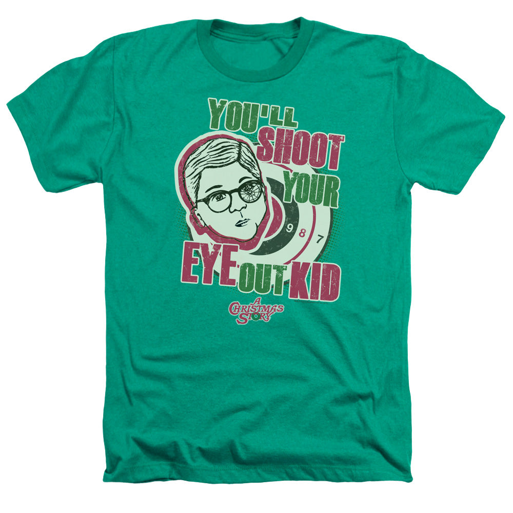 AN OFFCIALLY LICENSED A CHRISTMAS STORY YOULL SHOOT YOUR EYE OUT MEN'S HEATHER T-SHIRT KELLY GREEN
