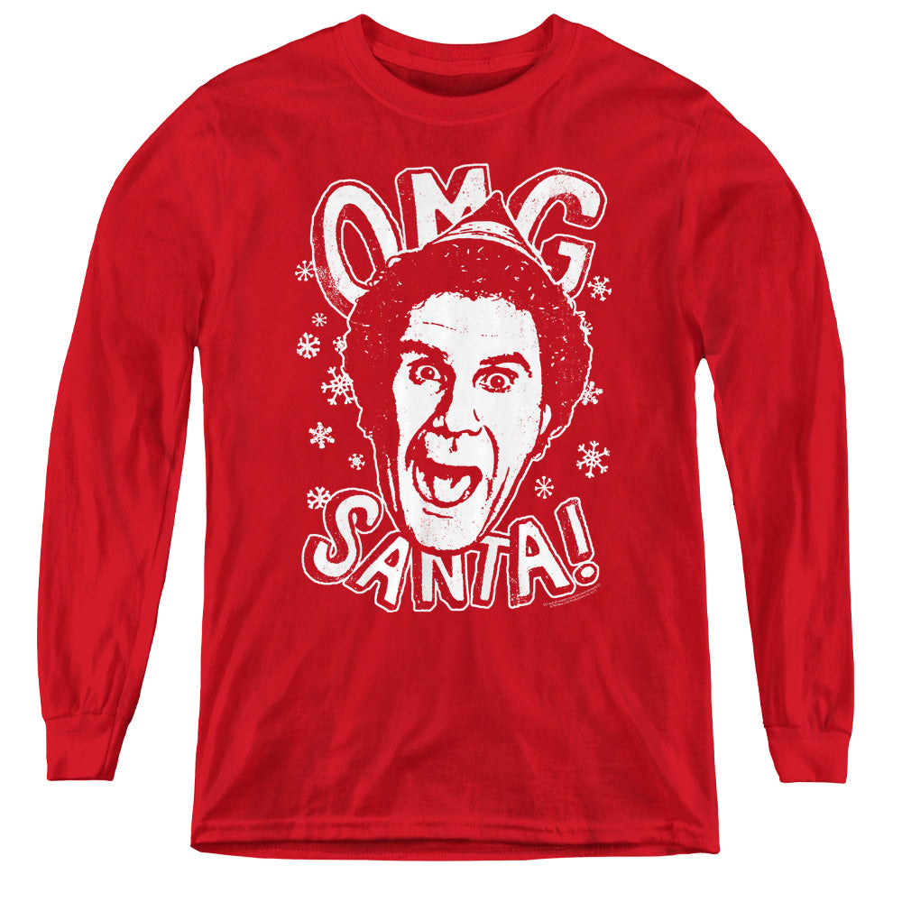AN OFFCIALLY LICENSED ELF OMG SANTA YOUTH LONG SLEEVE T-SHIRT RED