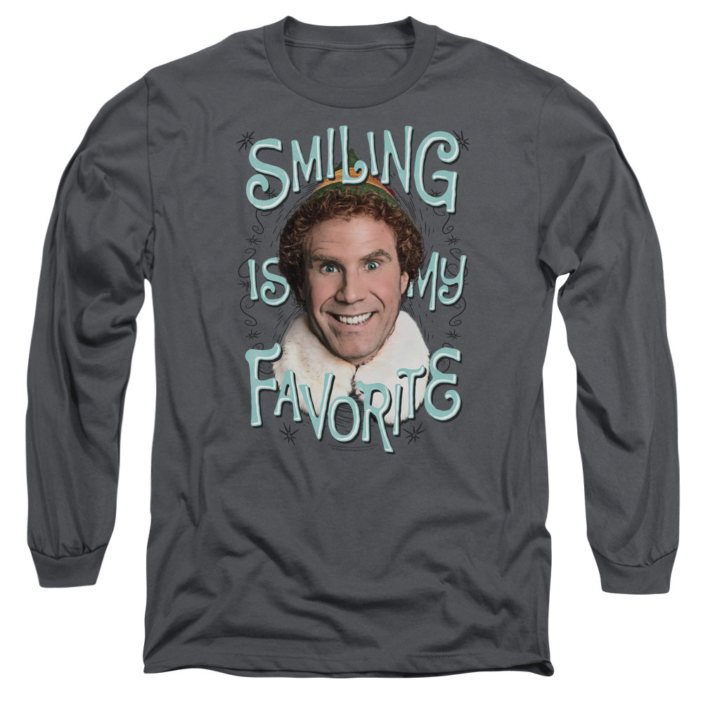 AN OFFCIALLY LICENSED ELF SMILING MEN'S LONG SLEEVE T-SHIRT CHARCOAL