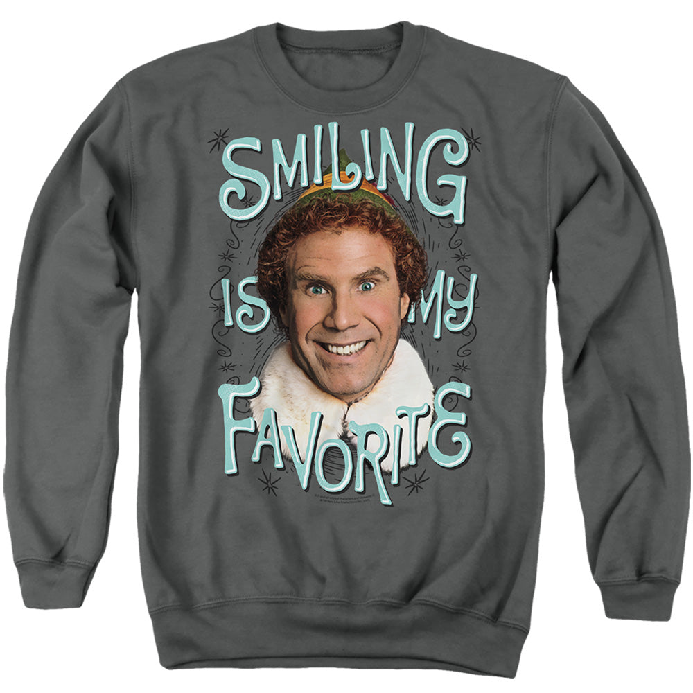 AN OFFCIALLY LICENSED ELF SMILING ADULT UNISEX CREWNECK SWEATSHIRT CHARCOAL