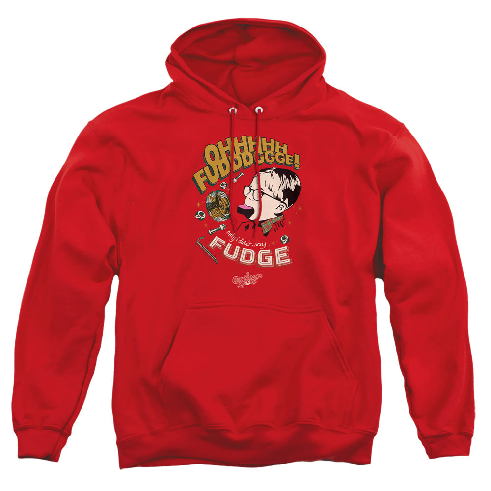 AN OFFCIALLY LICENSED A CHRISTMAS STORY FUDGE ADULT UNISEX PULLOVER HOODIE RED