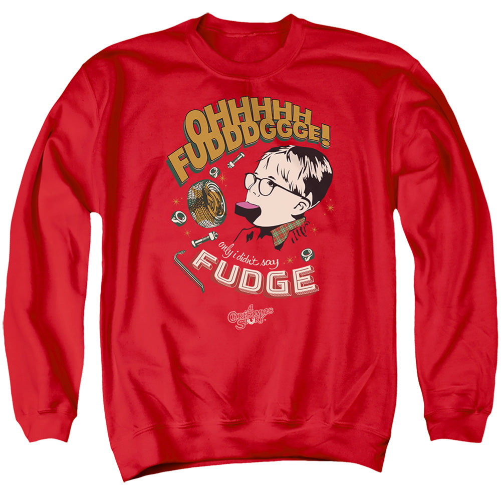 AN OFFCIALLY LICENSED A CHRISTMAS STORY FUDGE ADULT UNISEX CREWNECK SWEATSHIRT RED