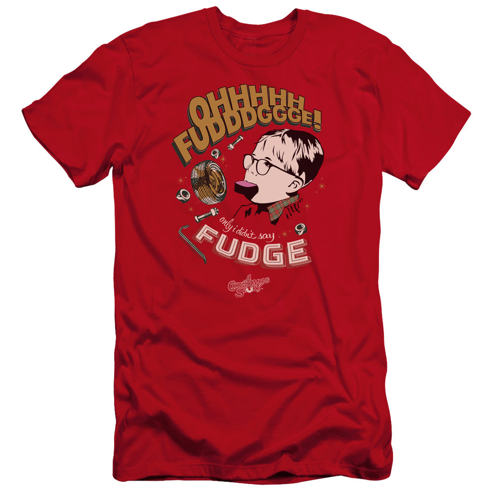 AN OFFCIALLY LICENSED A CHRISTMAS STORY FUDGE MEN'S PREMIUM SLIM FIT T-SHIRT RED