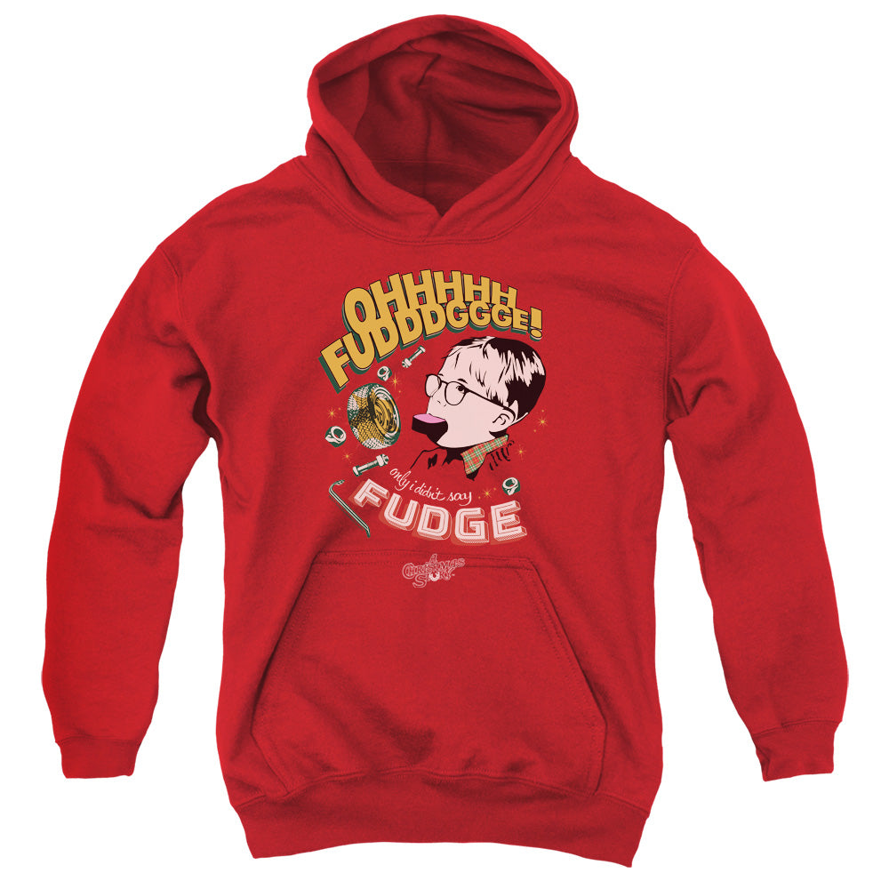 AN OFFCIALLY LICENSED A CHRISTMAS STORY FUDGE YOUTH HOODIE RED