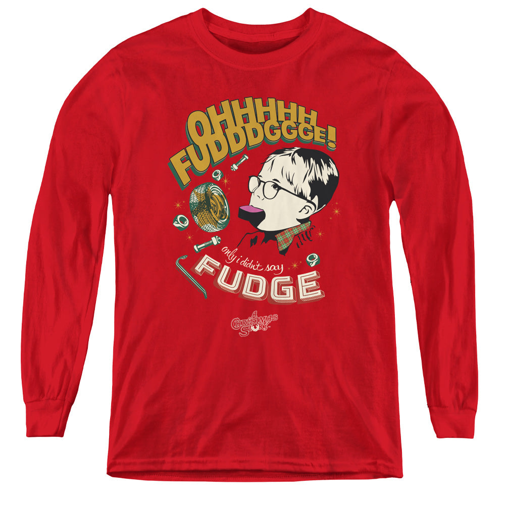 AN OFFCIALLY LICENSED A CHRISTMAS STORY FUDGE YOUTH LONG SLEEVE T-SHIRT RED