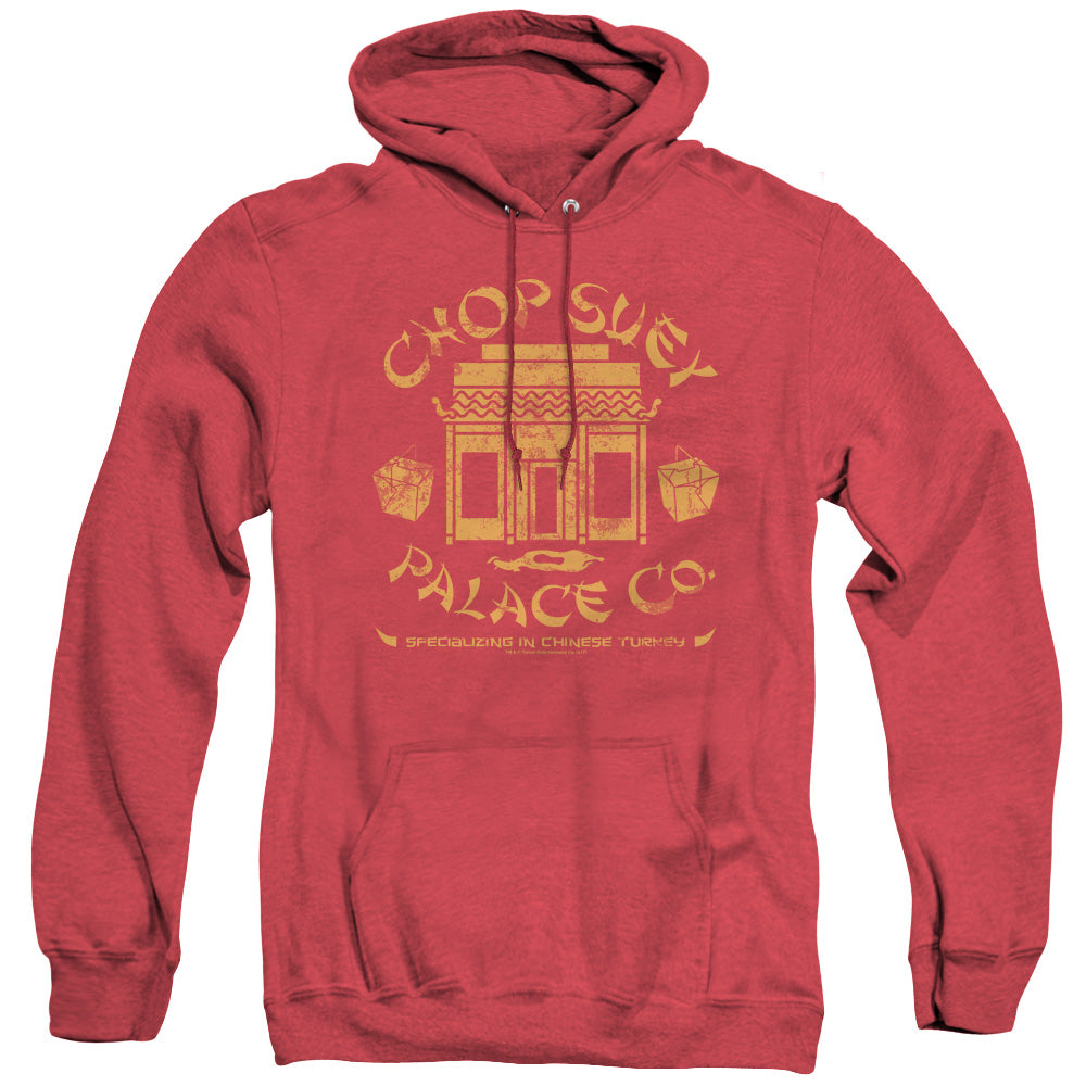 AN OFFCIALLY LICENSED A CHRISTMAS STORY CHOP SUEY PALACE CO ADULT UNISEX HEATHER PULLOVER HOODIE RED