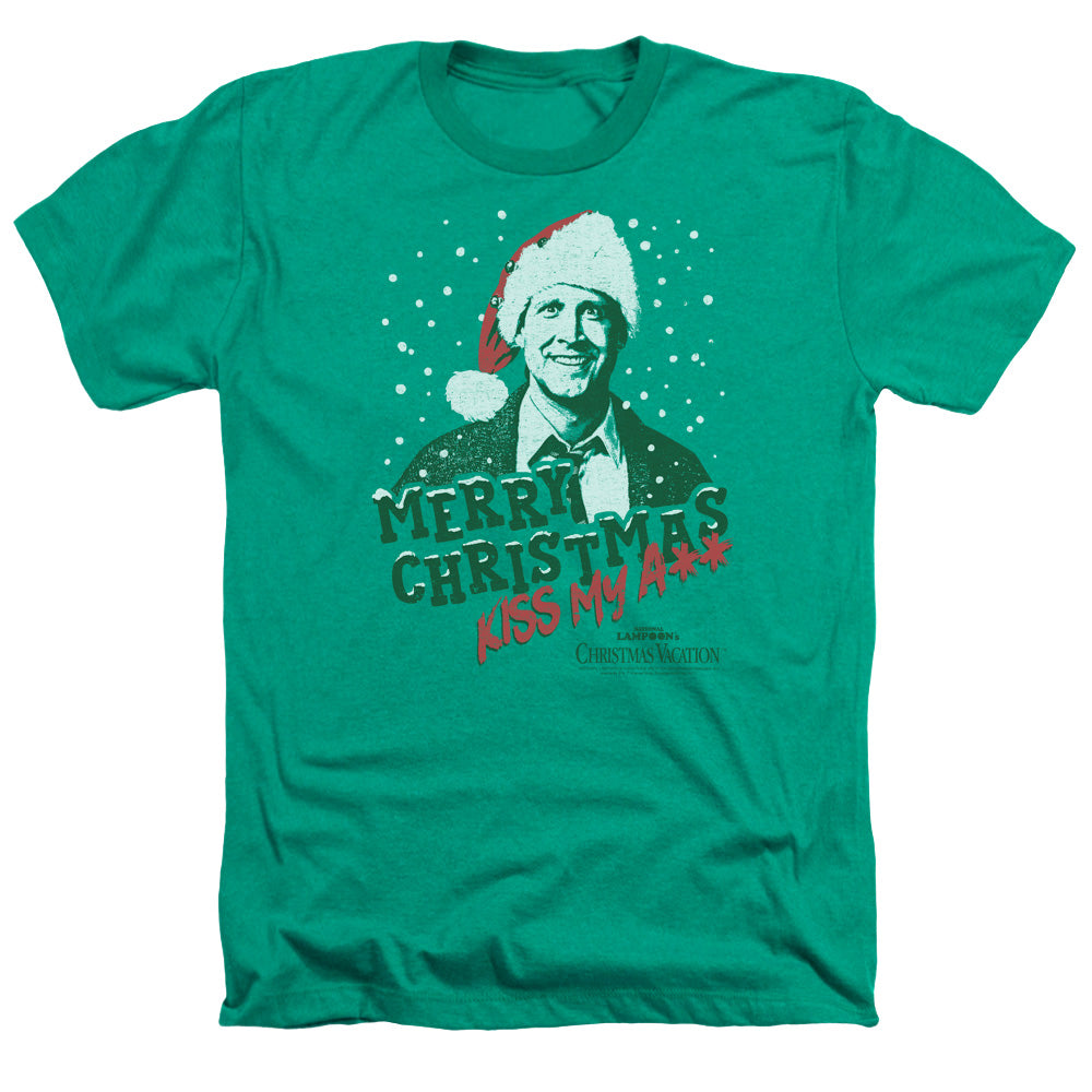 AN OFFCIALLY LICENSED CHRISTMAS VACATION MERRY CHRISTMAS MEN'S HEATHER T-SHIRT KELLY GREEN