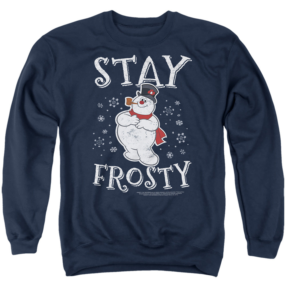 AN OFFCIALLY LICENSED FROSTY THE SNOWMAN CHRISTMAS STAY FROSTY ADULT UNISEX CREWNECK SWEATSHIRT NAVY