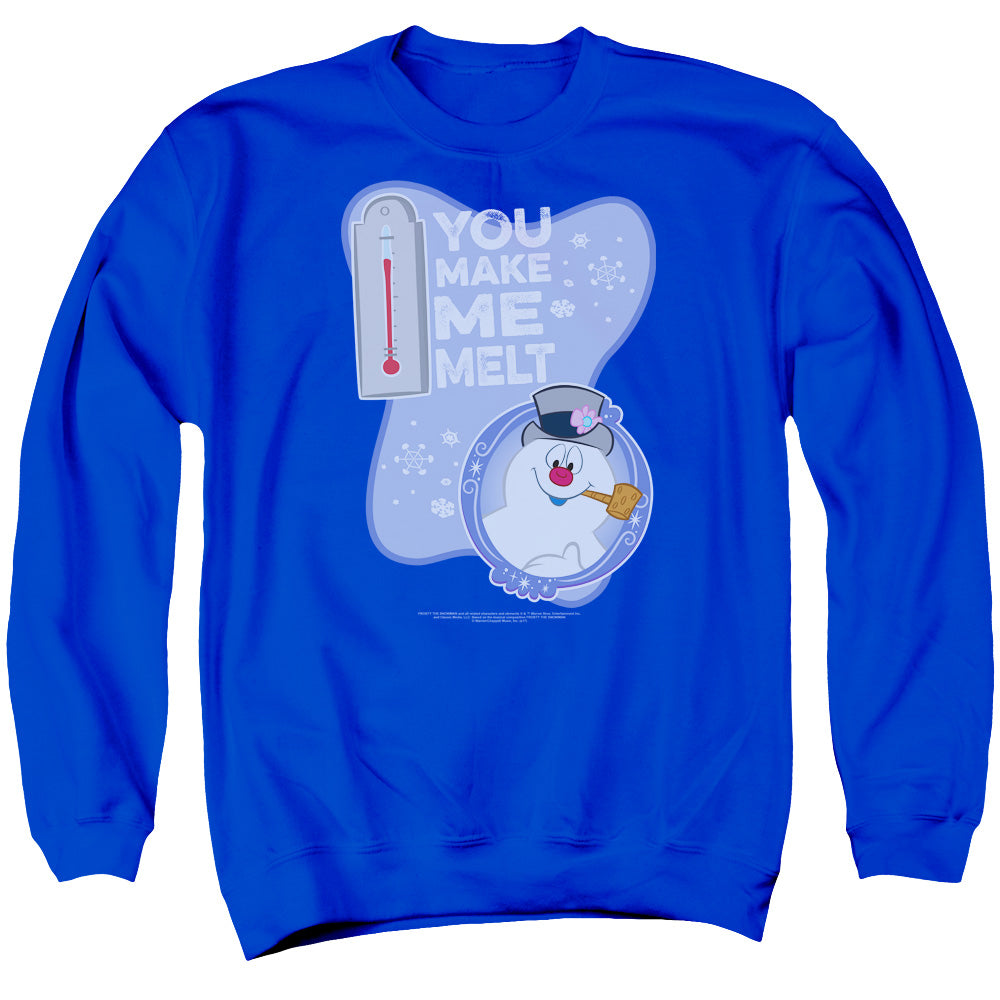AN OFFCIALLY LICENSED FROSTY THE SNOWMAN MELT ADULT UNISEX CREWNECK SWEATSHIRT ROYAL