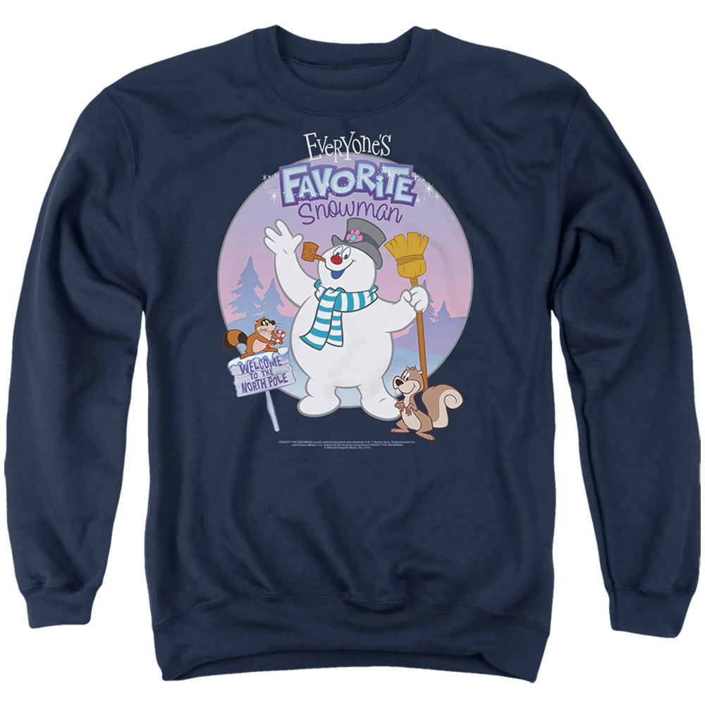 AN OFFCIALLY LICENSED FROSTY THE SNOWMAN CHRISTMAS FAVORITE ADULT UNISEX CREWNECK SWEATSHIRT NAVY