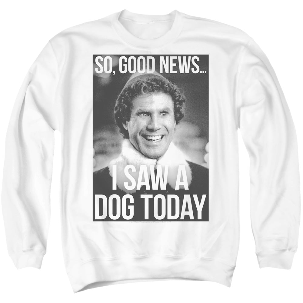 AN OFFCIALLY LICENSED ELF MUST LOVE DOGS ADULT UNISEX CREWNECK SWEATSHIRT WHITE