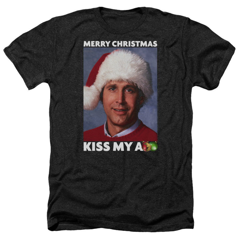 AN OFFCIALLY LICENSED CHRISTMAS VACATION MERRY KISS MEN'S HEATHER T-SHIRT CHARCOAL