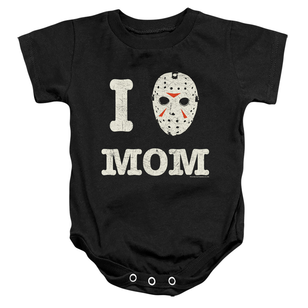 AN OFFCIALLY LICENSED FRIDAY THE 13TH MOMMAS BOY BABY BODYSUIT BLACK