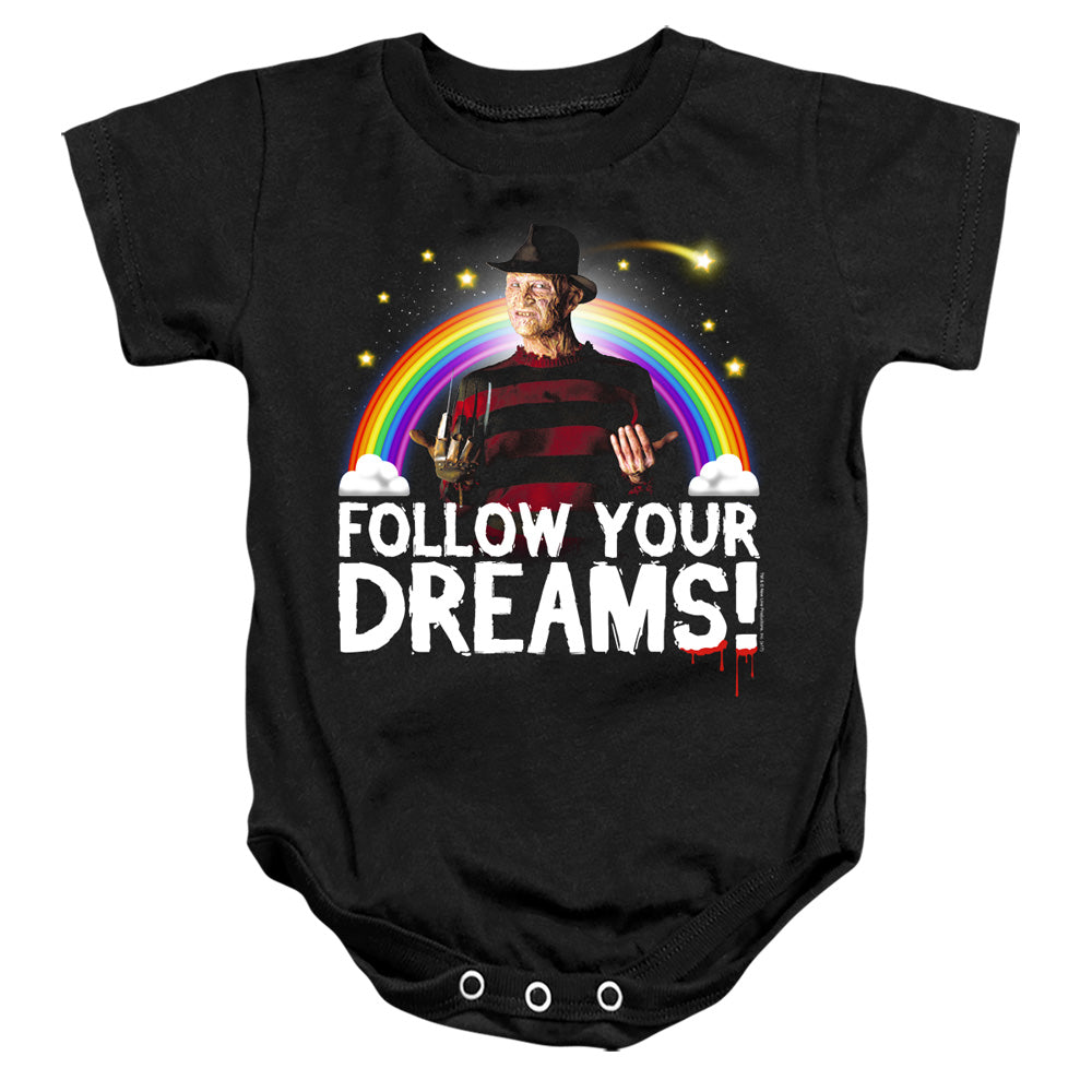 AN OFFCIALLY LICENSED FRIDAY THE 13TH FOLLOW YOUR DREAMS BABY BODYSUIT BLACK