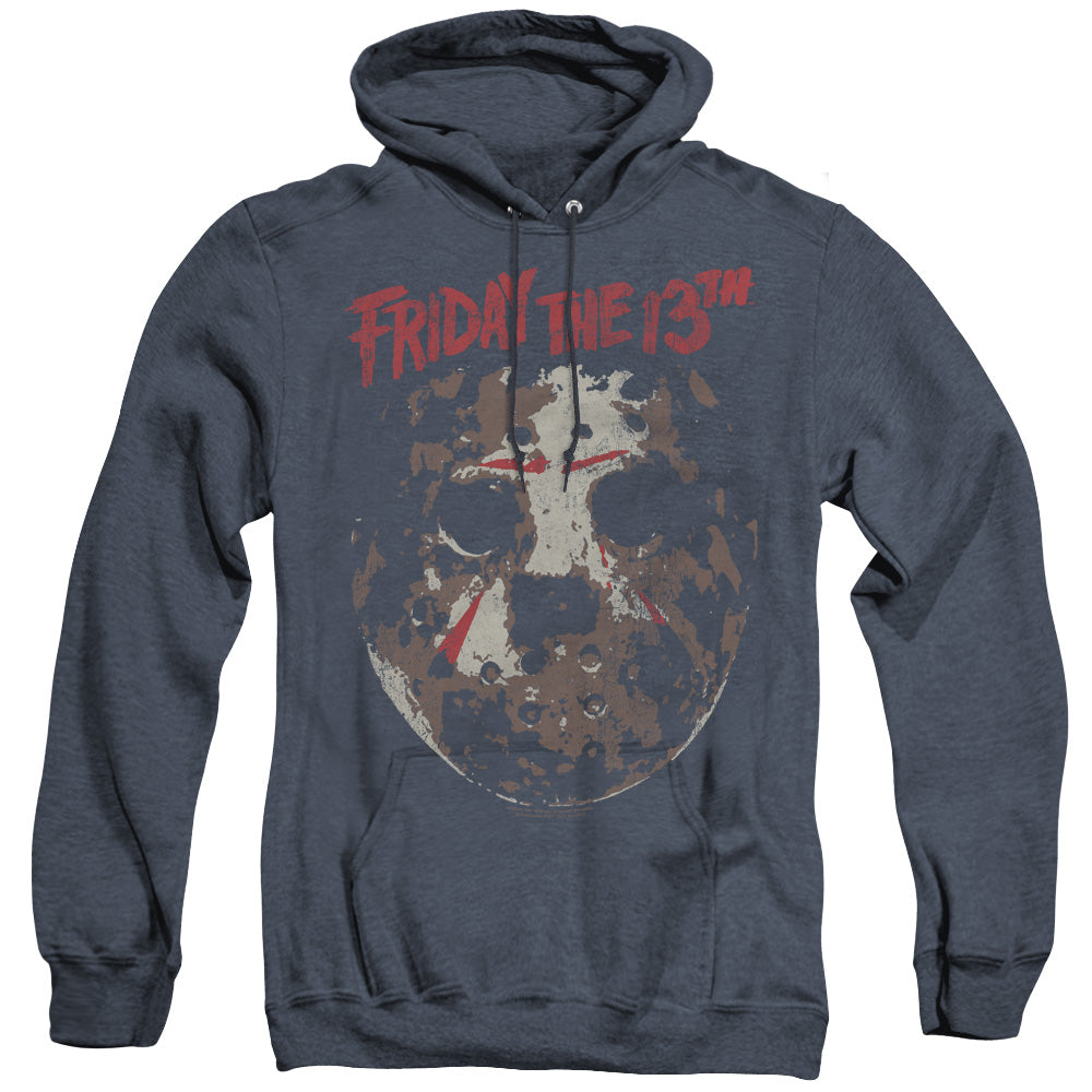 AN OFFCIALLY LICENSED FRIDAY THE 13TH ROUGH MASK ADULT UNISEX HEATHER PULLOVER HOODIE NAVY