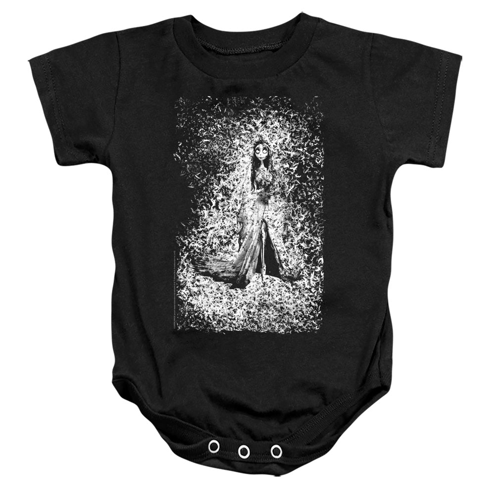 AN OFFCIALLY LICENSED CORPSE BRIDE BIRD DISSOLVE BABY BODYSUIT BLACK