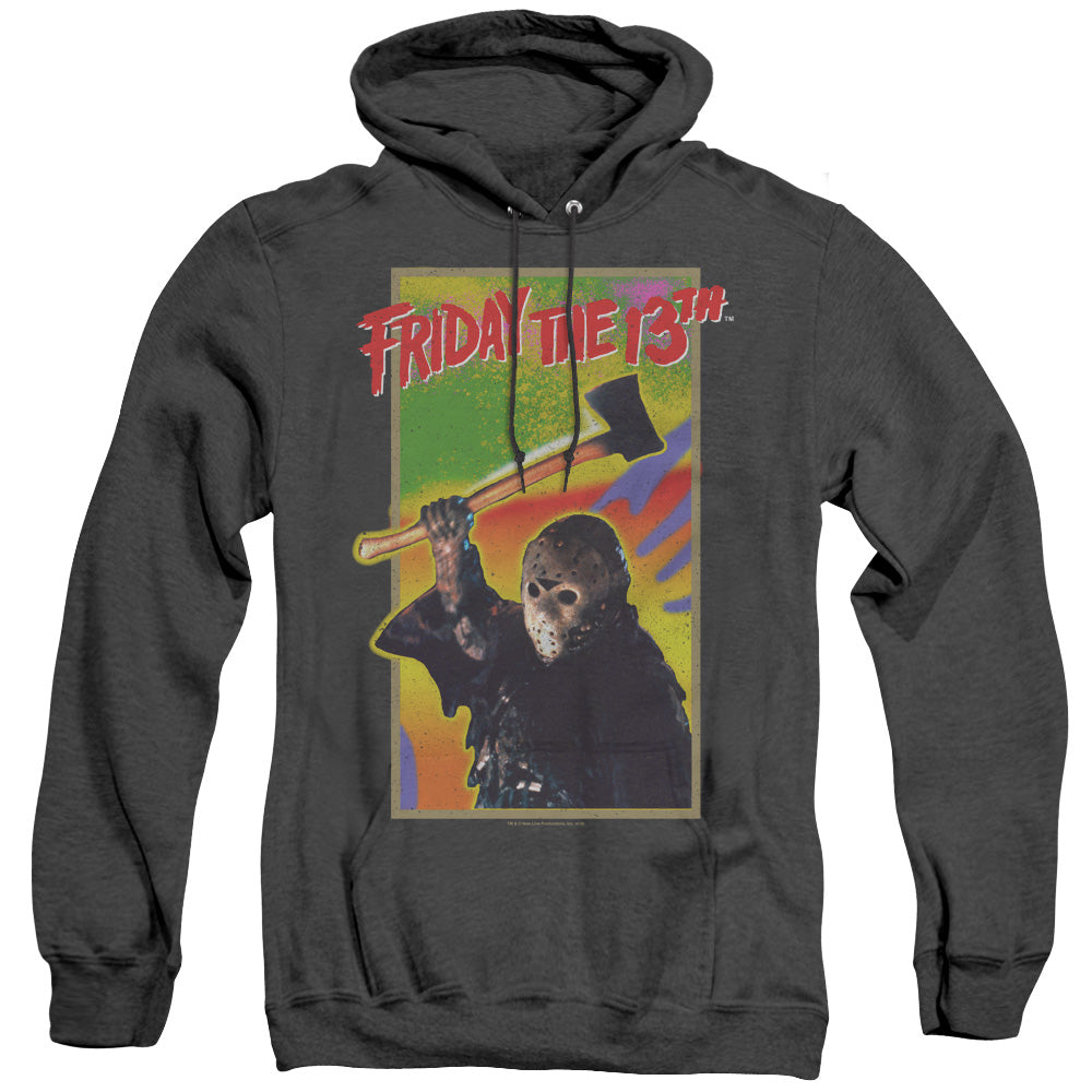 AN OFFCIALLY LICENSED FRIDAY THE 13TH RETRO GAME ADULT UNISEX HEATHER PULLOVER HOODIE BLACK