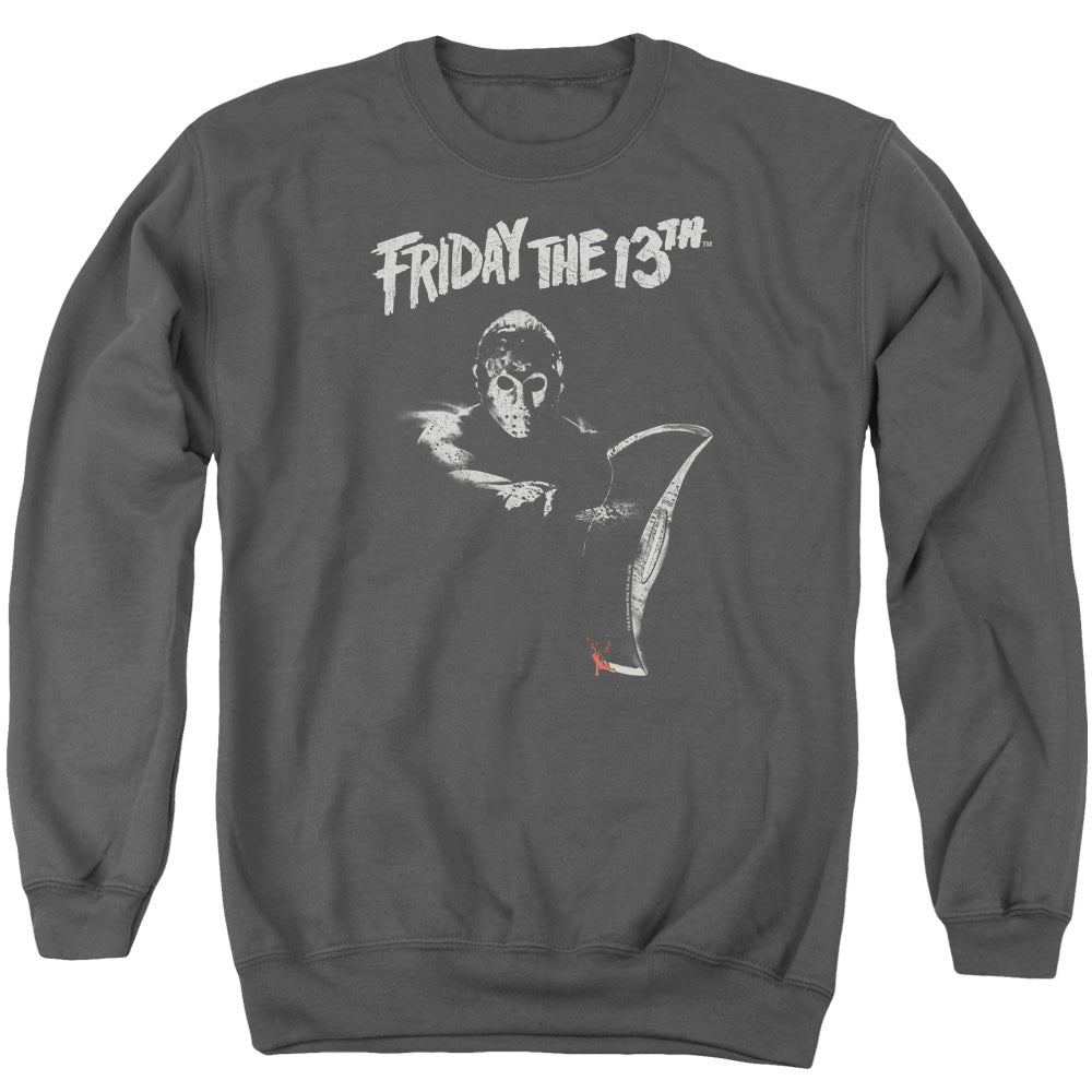 AN OFFCIALLY LICENSED FRIDAY THE 13TH AX ADULT UNISEX CREWNECK SWEATSHIRT CHARCOAL