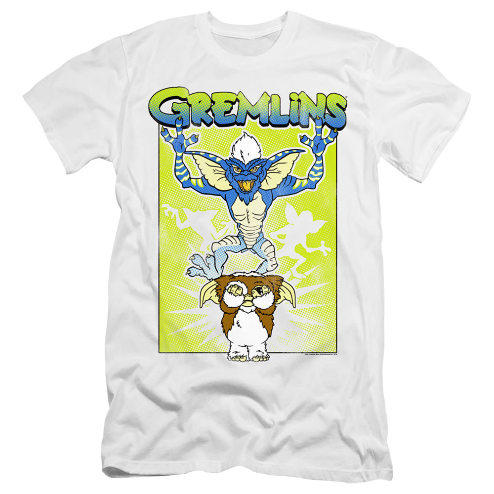 AN OFFCIALLY LICENSED GREMLINS BE AFRAID MEN'S PREMIUM SLIM FIT T-SHIRT WHITE