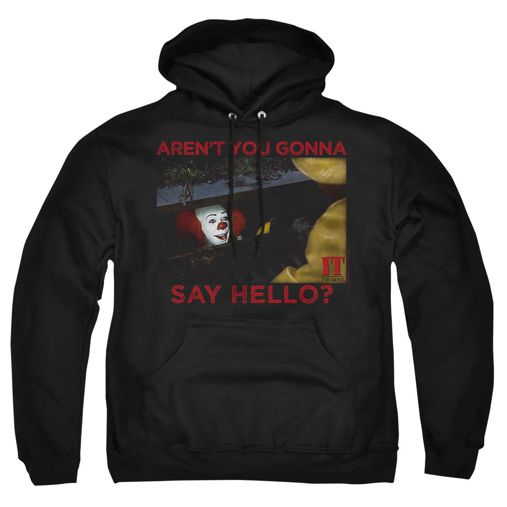 AN OFFCIALLY LICENSED IT 1990 HELLO ADULT UNISEX PULLOVER HOODIE BLACK