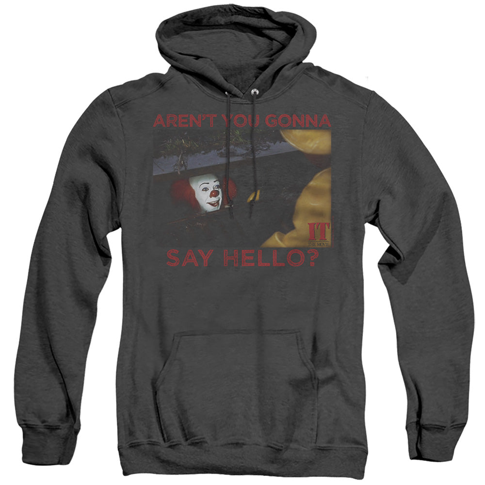 AN OFFCIALLY LICENSED IT 1990 HELLO ADULT UNISEX HEATHER PULLOVER HOODIE BLACK