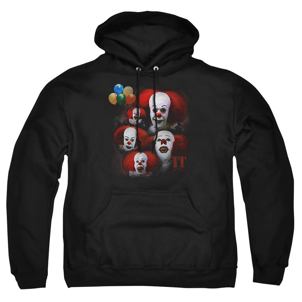 AN OFFCIALLY LICENSED IT 1990 MANY FACES OF PENNYWISE ADULT UNISEX PULLOVER HOODIE BLACK