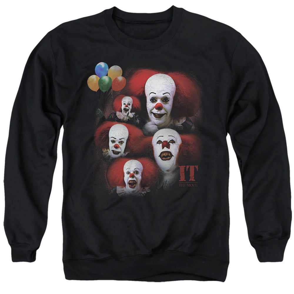 AN OFFCIALLY LICENSED IT 1990 MANY FACES OF PENNYWISE ADULT UNISEX CREWNECK SWEATSHIRT BLACK