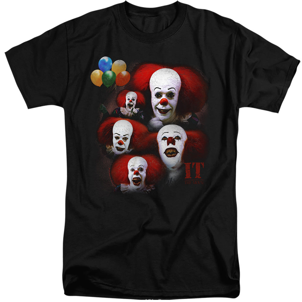 AN OFFCIALLY LICENSED IT 1990 MANY FACES OF PENNYWISE MEN'S TALL FIT T-SHIRT BLACK