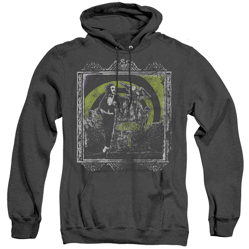 AN OFFCIALLY LICENSED BEETLEJUICE HERE LIES ADULT UNISEX HEATHER PULLOVER HOODIE BLACK