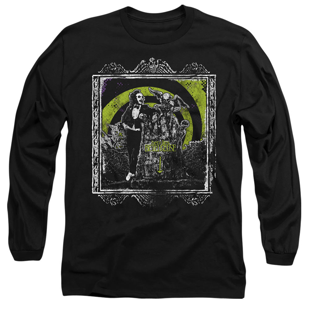 AN OFFCIALLY LICENSED BEETLEJUICE HERE LIES MEN'S LONG SLEEVE T-SHIRT BLACK