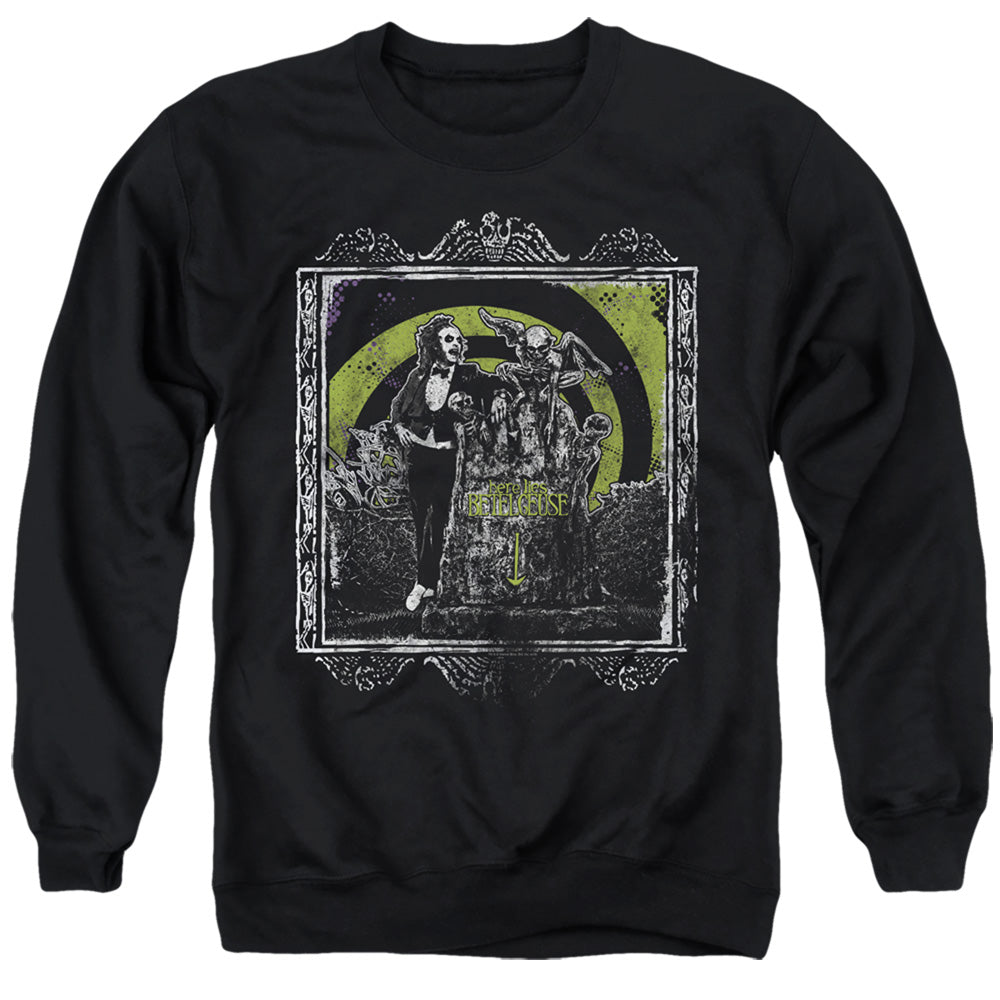 AN OFFCIALLY LICENSED BEETLEJUICE HERE LIES ADULT UNISEX CREWNECK SWEATSHIRT BLACK