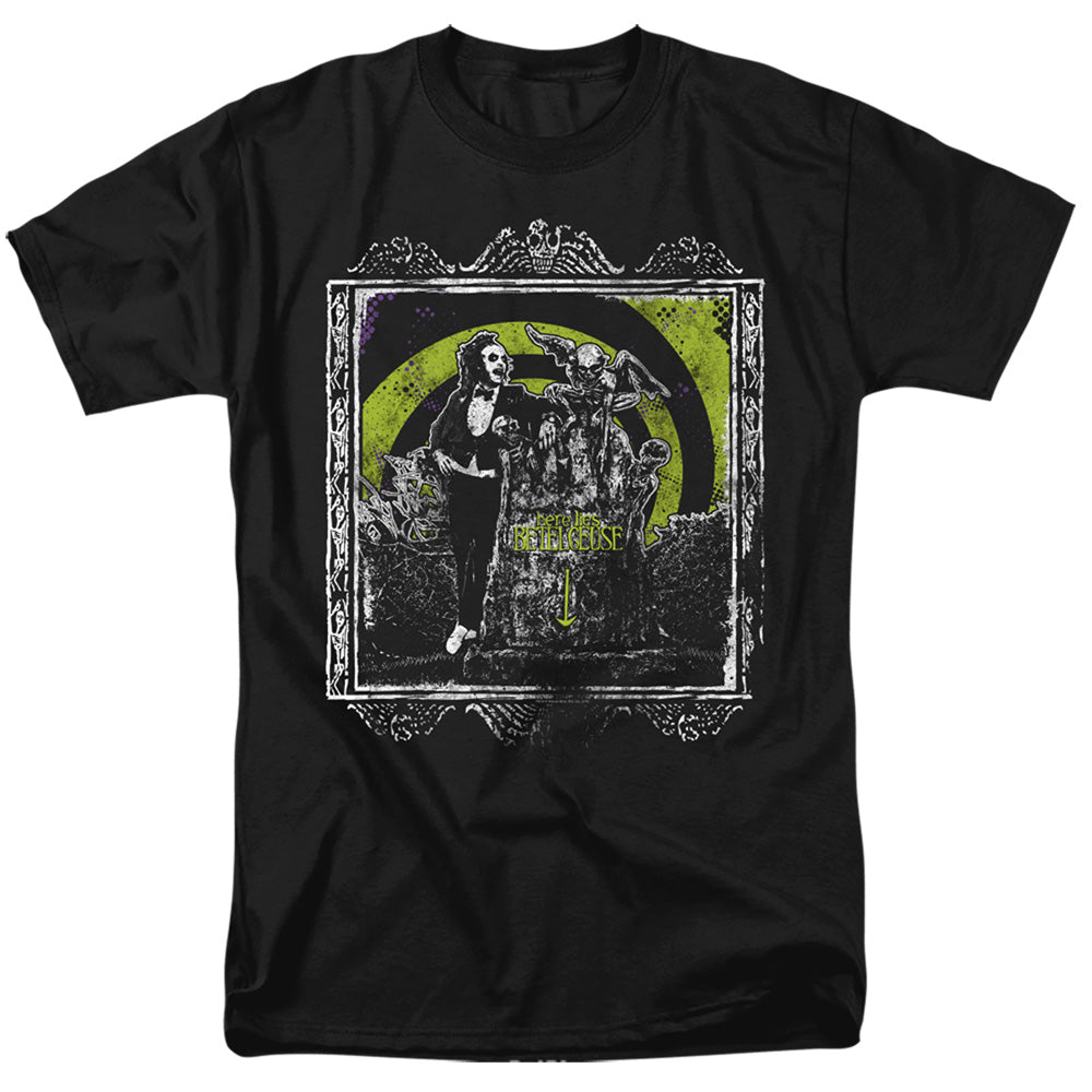 AN OFFCIALLY LICENSED BEETLEJUICE HERE LIES MEN'S REGULAR FIT T-SHIRT BLACK