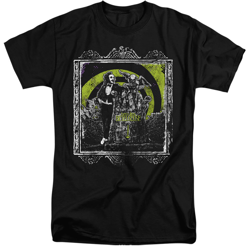 AN OFFCIALLY LICENSED BEETLEJUICE HERE LIES MEN'S TALL FIT T-SHIRT BLACK