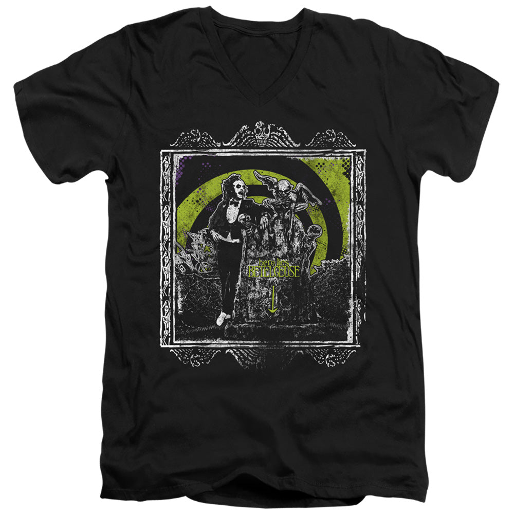 AN OFFCIALLY LICENSED BEETLEJUICE HERE LIES MEN'S V-NECK T-SHIRT BLACK