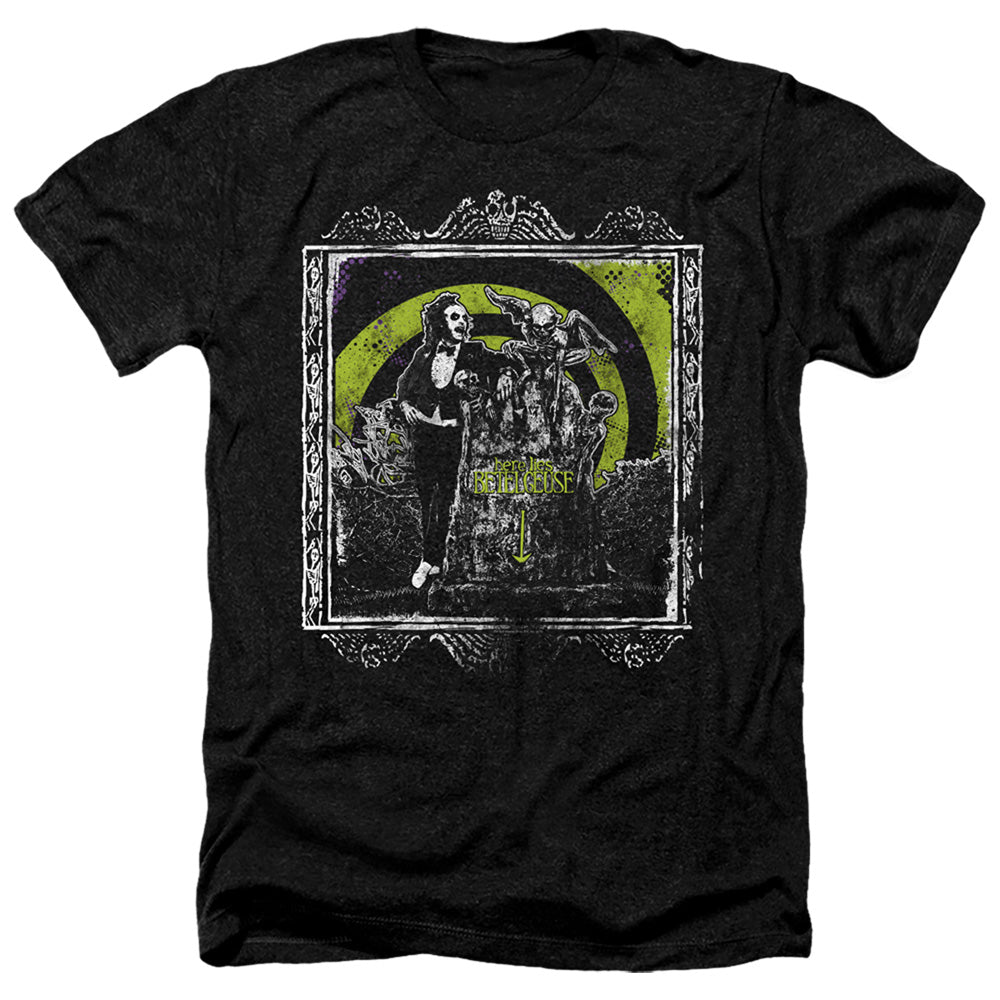 AN OFFCIALLY LICENSED BEETLEJUICE HERE LIES MEN'S HEATHER T-SHIRT CHARCOAL