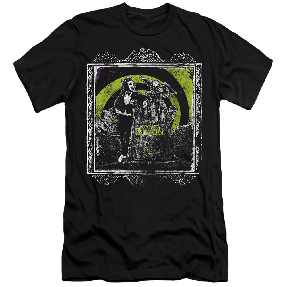 AN OFFCIALLY LICENSED BEETLEJUICE HERE LIES MEN'S PREMIUM SLIM FIT T-SHIRT BLACK