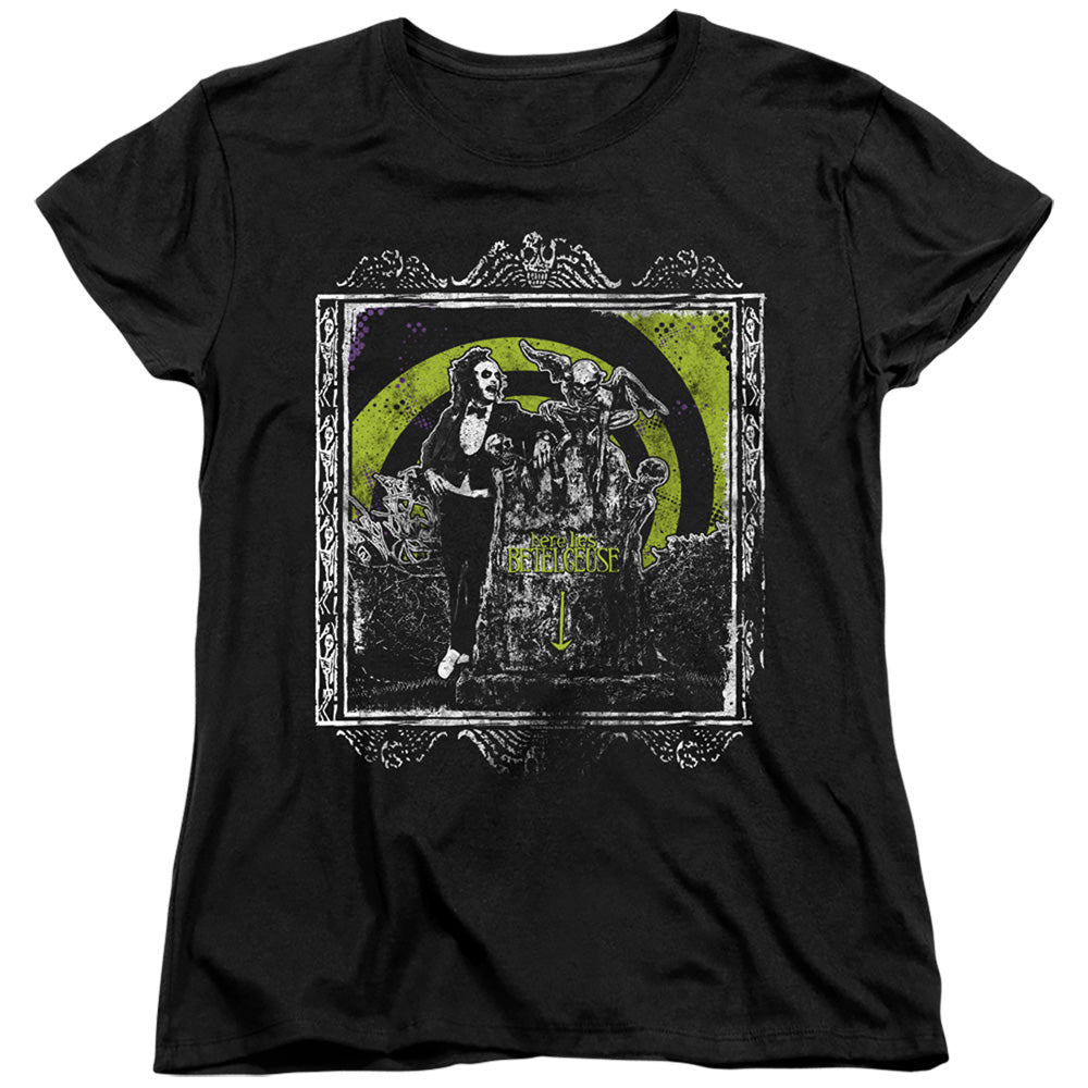 AN OFFCIALLY LICENSED BEETLEJUICE HERE LIES WOMEN'S REGULAR FIT T-SHIRT BLACK