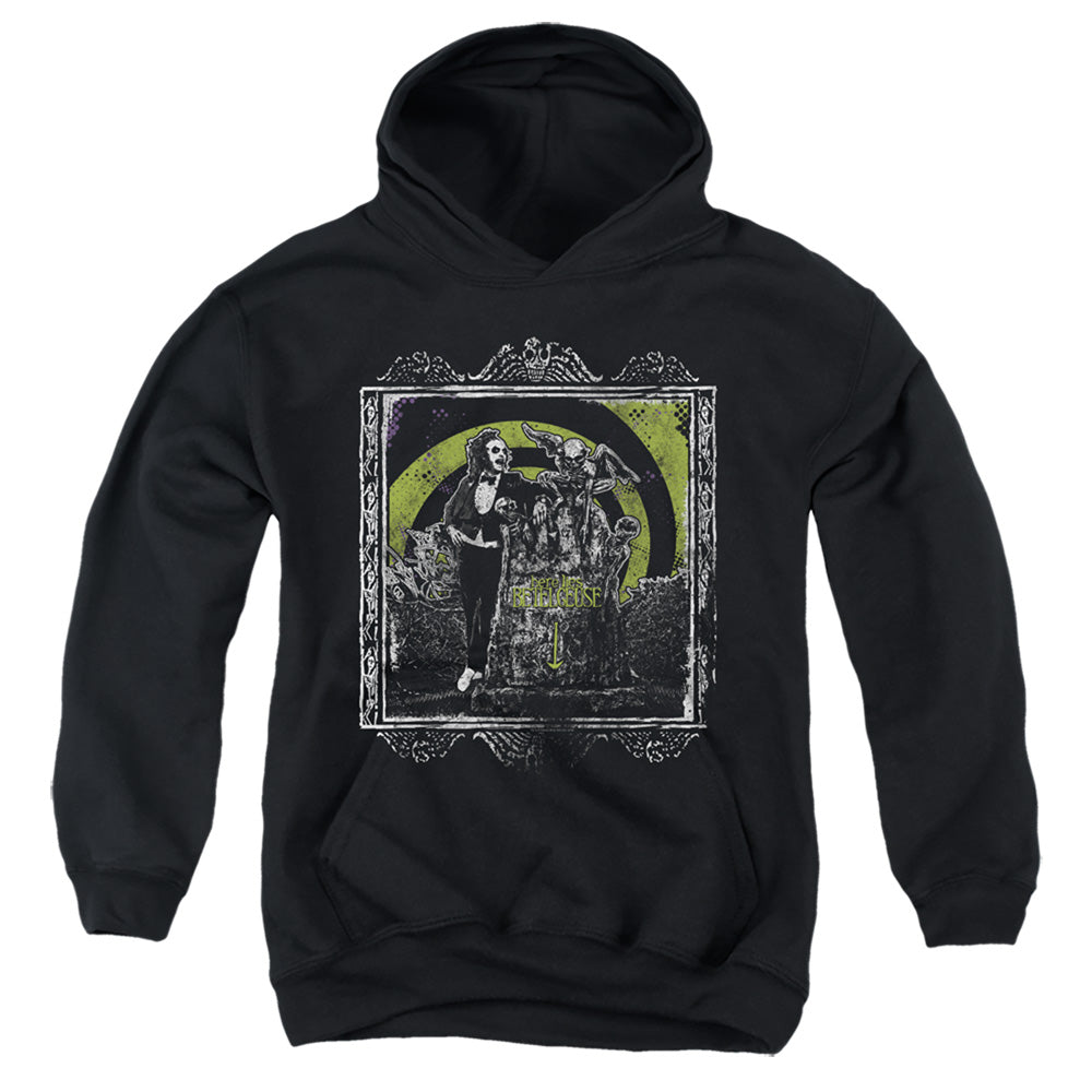 AN OFFCIALLY LICENSED BEETLEJUICE HERE LIES YOUTH HOODIE BLACK