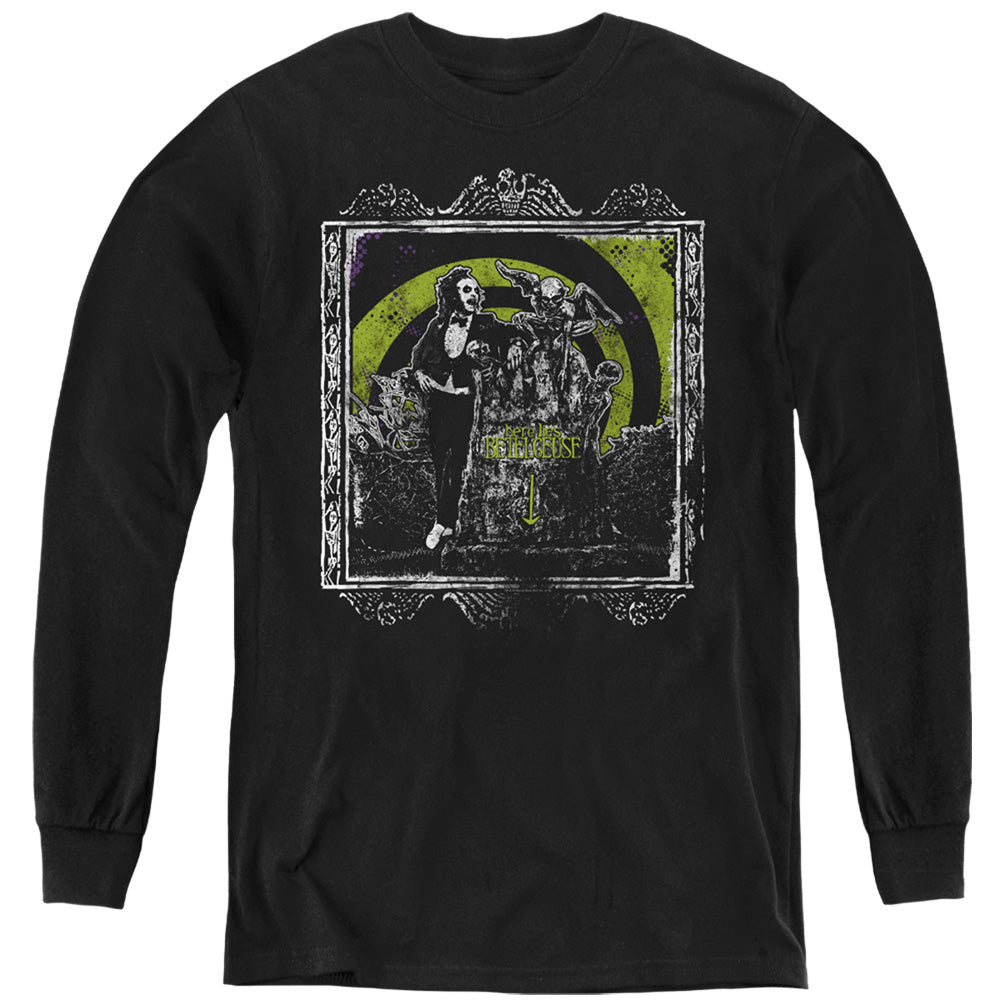 AN OFFCIALLY LICENSED BEETLEJUICE HERE LIES YOUTH LONG SLEEVE T-SHIRT BLACK
