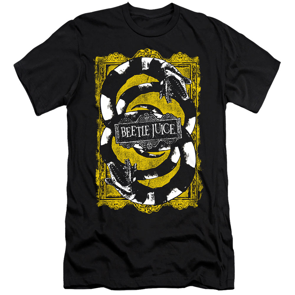 AN OFFCIALLY LICENSED BEETLEJUICE WE GOT WORMS MEN'S PREMIUM SLIM FIT T-SHIRT BLACK