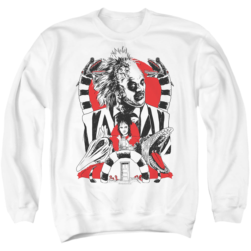 AN OFFCIALLY LICENSED BEETLEJUICE BEETLEJUICE COLLAGE ADULT UNISEX CREWNECK SWEATSHIRT WHITE