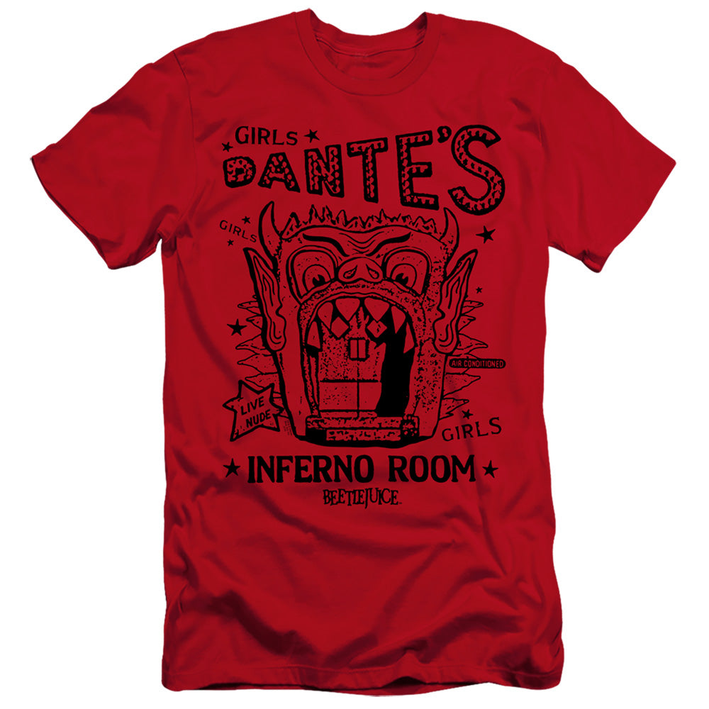 AN OFFCIALLY LICENSED BEETLEJUICE DANTES INFERNO ROOM MEN'S PREMIUM SLIM FIT T-SHIRT RED