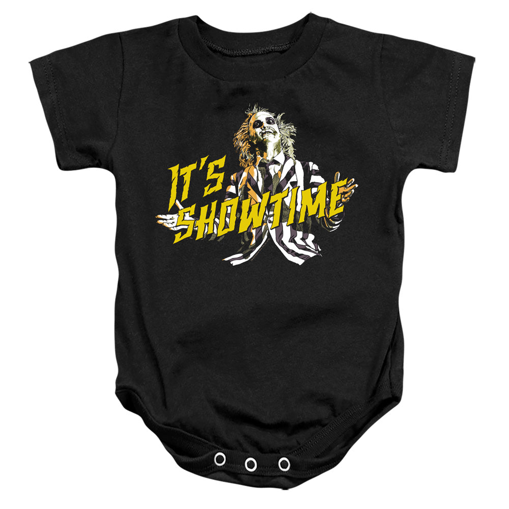 AN OFFCIALLY LICENSED BEETLEJUICE SHOWTIME BABY BODYSUIT BLACK