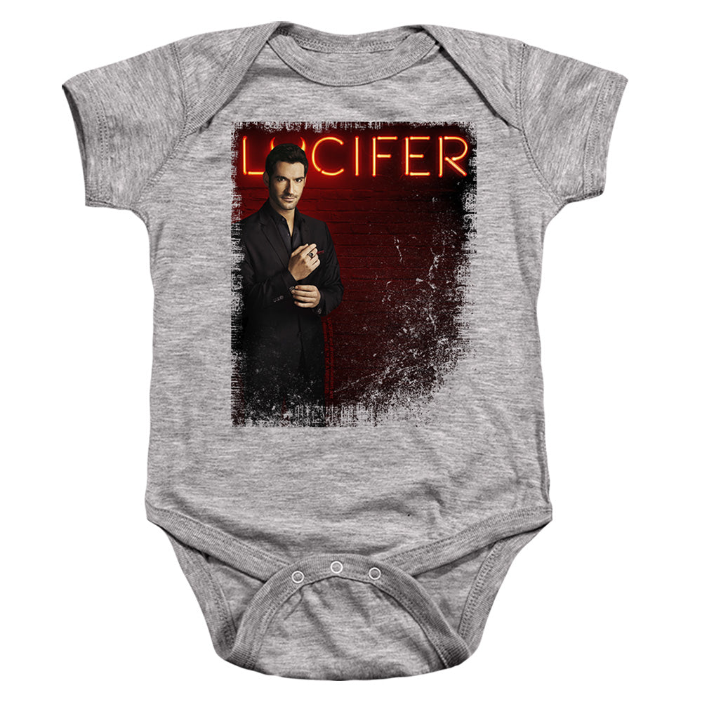 AN OFFCIALLY LICENSED LUCIFER LUCIFER NEON LIGHTS BABY BODYSUIT ATHLETIC HEATHER