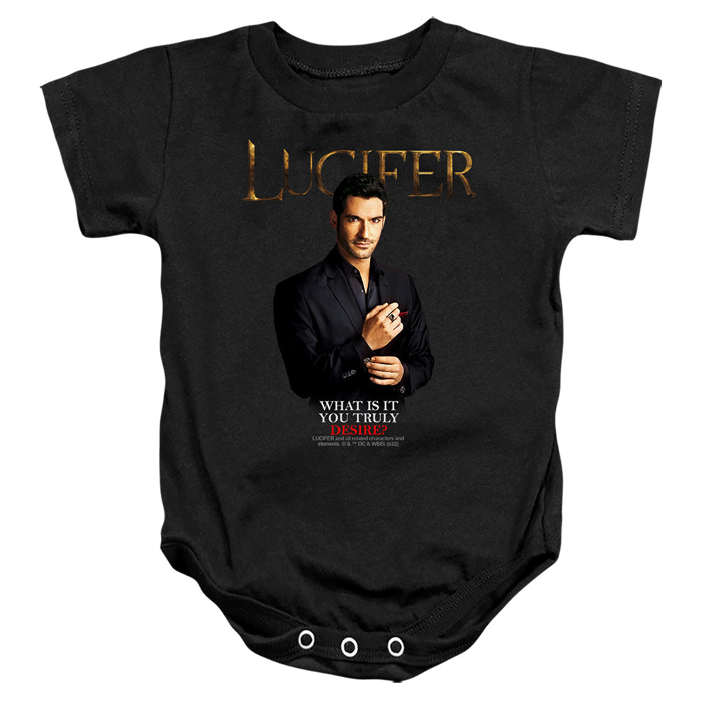AN OFFCIALLY LICENSED LUCIFER LUCIFER WHAT DO YOU DESIRE? BABY BODYSUIT BLACK