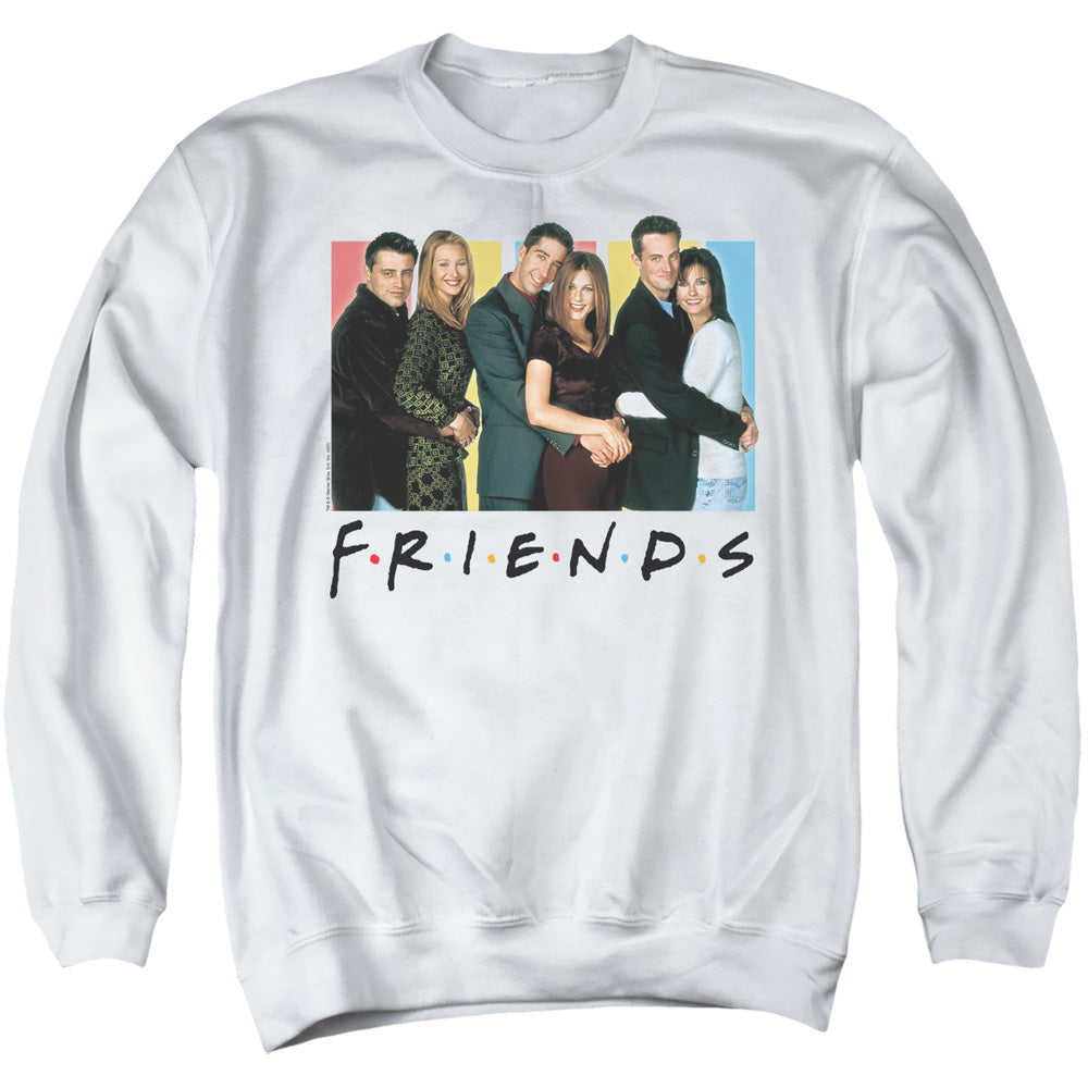 AN OFFCIALLY LICENSED FRIENDS CAST LOGO ADULT UNISEX CREWNECK SWEATSHIRT WHITE