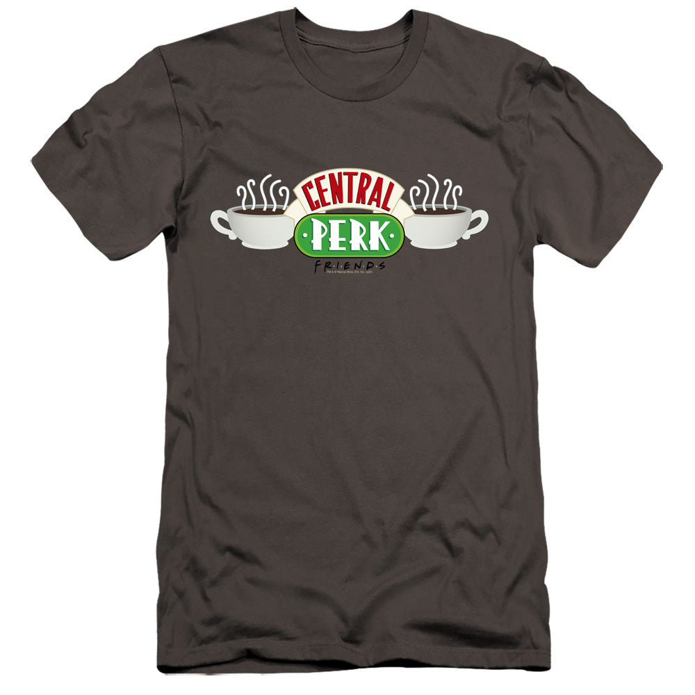 AN OFFCIALLY LICENSED FRIENDS CENTRAL PERK LOGO MEN'S PREMIUM SLIM FIT T-SHIRT CHARCOAL
